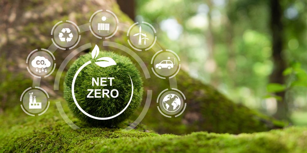 Net zero and carbon neutral concept. Net zero greenhouse gas emissions target. Climate neutral long term strategy on a green background.